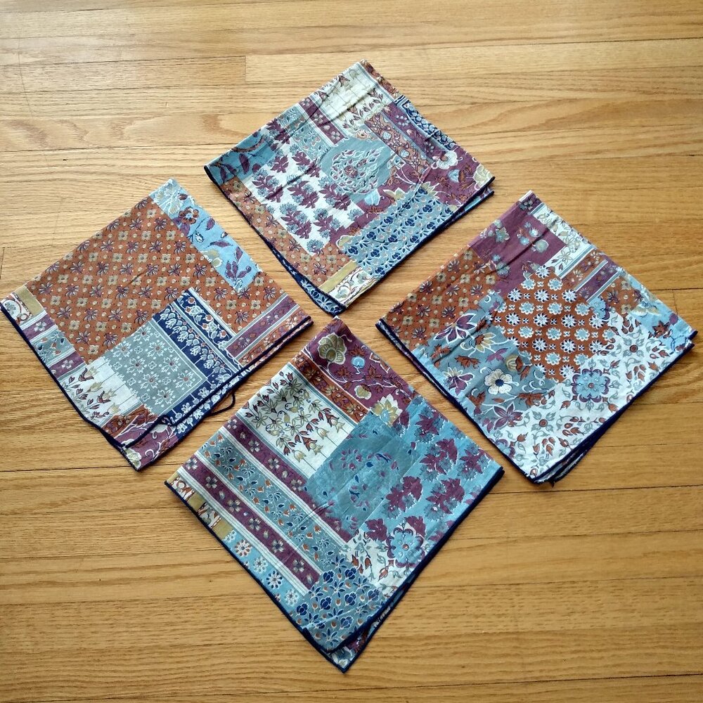 Vintage Boho Napkins Set of 4 Indian Cotton Cheater Quilt Patchwork Hippie